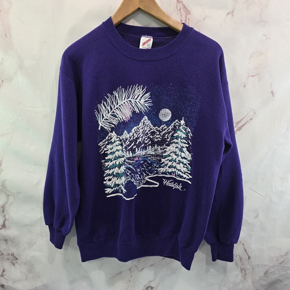 Vintage Sweatshirt Womens Large 90s Tree Winter Snow Montana Lake Mountain Deer